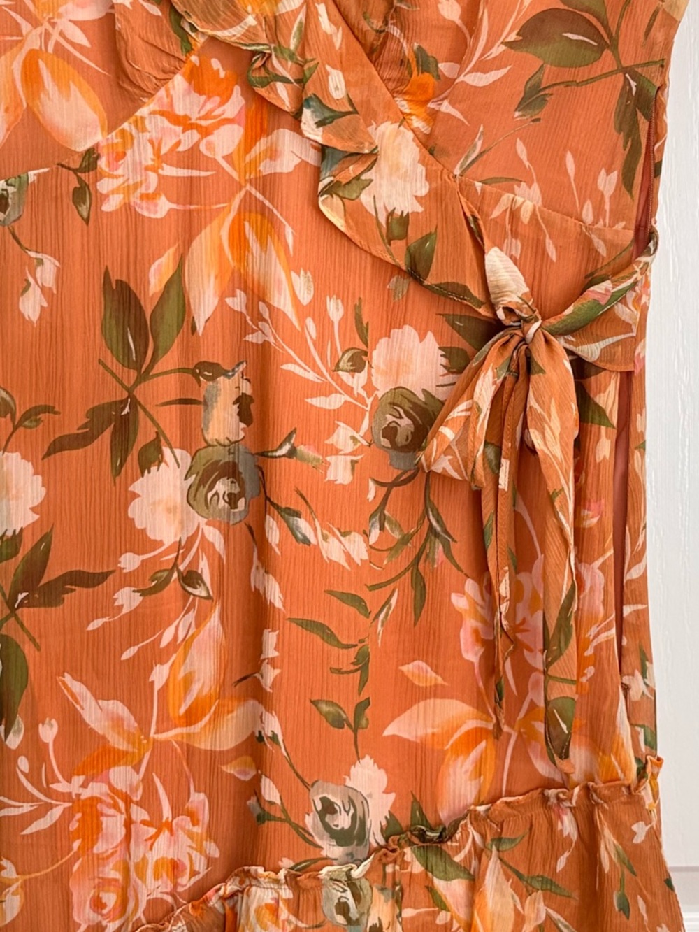 Sundance, Floral Ruffle Wrap Dress in Rust Orange, 4P - Picture 6 of 8